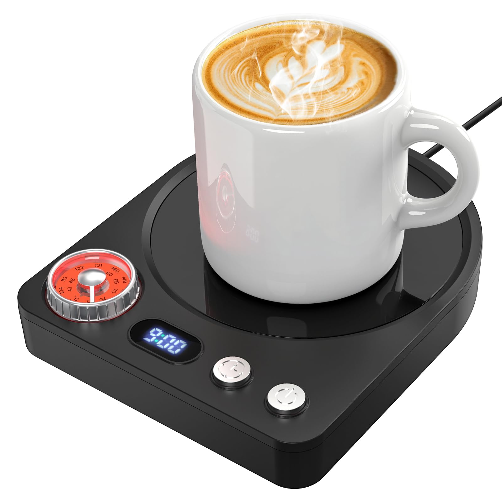 Accwork Chauffe Tasse Bureau Contrôlé par Bouton Rotatif à 9 Niveaux de Température, Réchauffe Tasse avec Minuterie 0.5-9H Arrêt Automatique, Maintenir au Chaud Le Thé, Le Lait et Le Café
