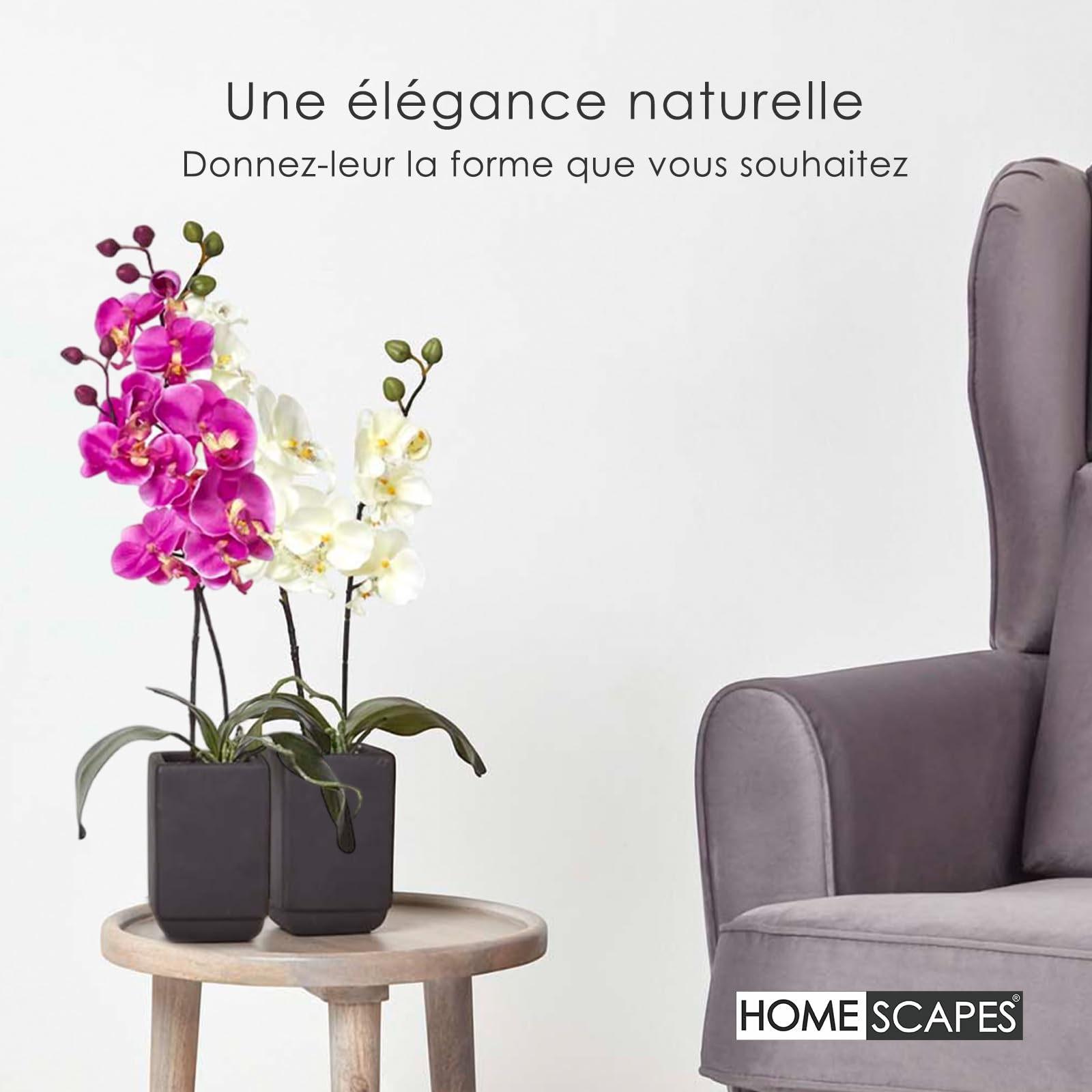 HOMESCAPES Orchidée artificielle en pot céramique rectangulaire noir, 55 cm, Lot de 2 plantes artificielles