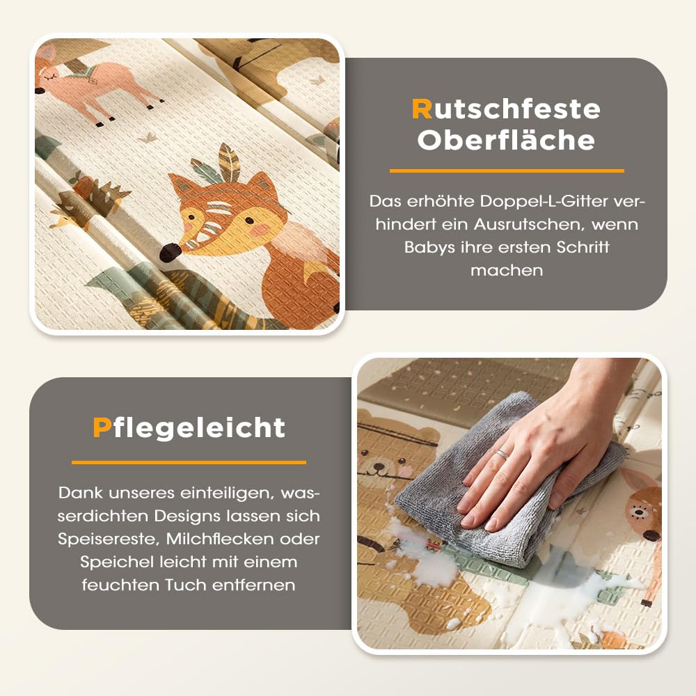 PlayPals Krabbelmatte für Babys, Baby Spielmatte, Krabbeldecke Baby, 2 cm Dicke Spielmatte, Beidseitig Verwendbar, Faltbar, Wasserdicht, Rutschfest, 200x180 cm, mit Aufbewahrungstasche, Wald | Krabbeldecke Extra Groß und Dick, Faltbar, Wasserdicht, Rutsch