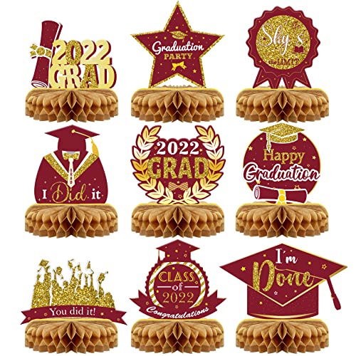 Fovths 9 Pieces Class of 2022 Graduation Party Honeycomb Centerpieces Congrats Grad Table Topper in 9 Designs Paper Honeycomb Decorations for Graduation Decorations Party Supplies, Maroon