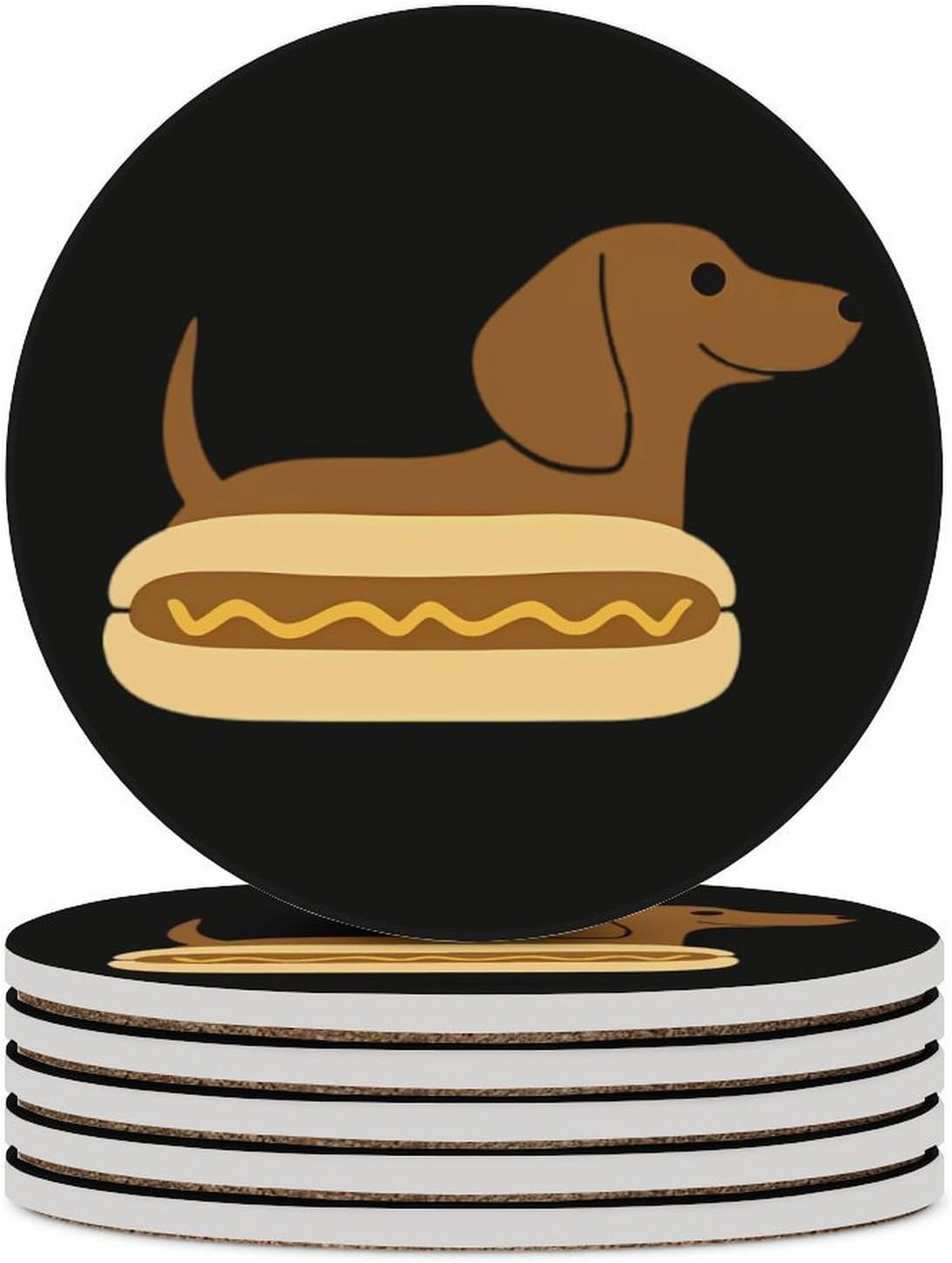 Dachshund in Hot Dog Bun with Mustard Round Ceramic Coasters for Drinks Absorbent Cup Holder Tabletop Protector with Cork Base