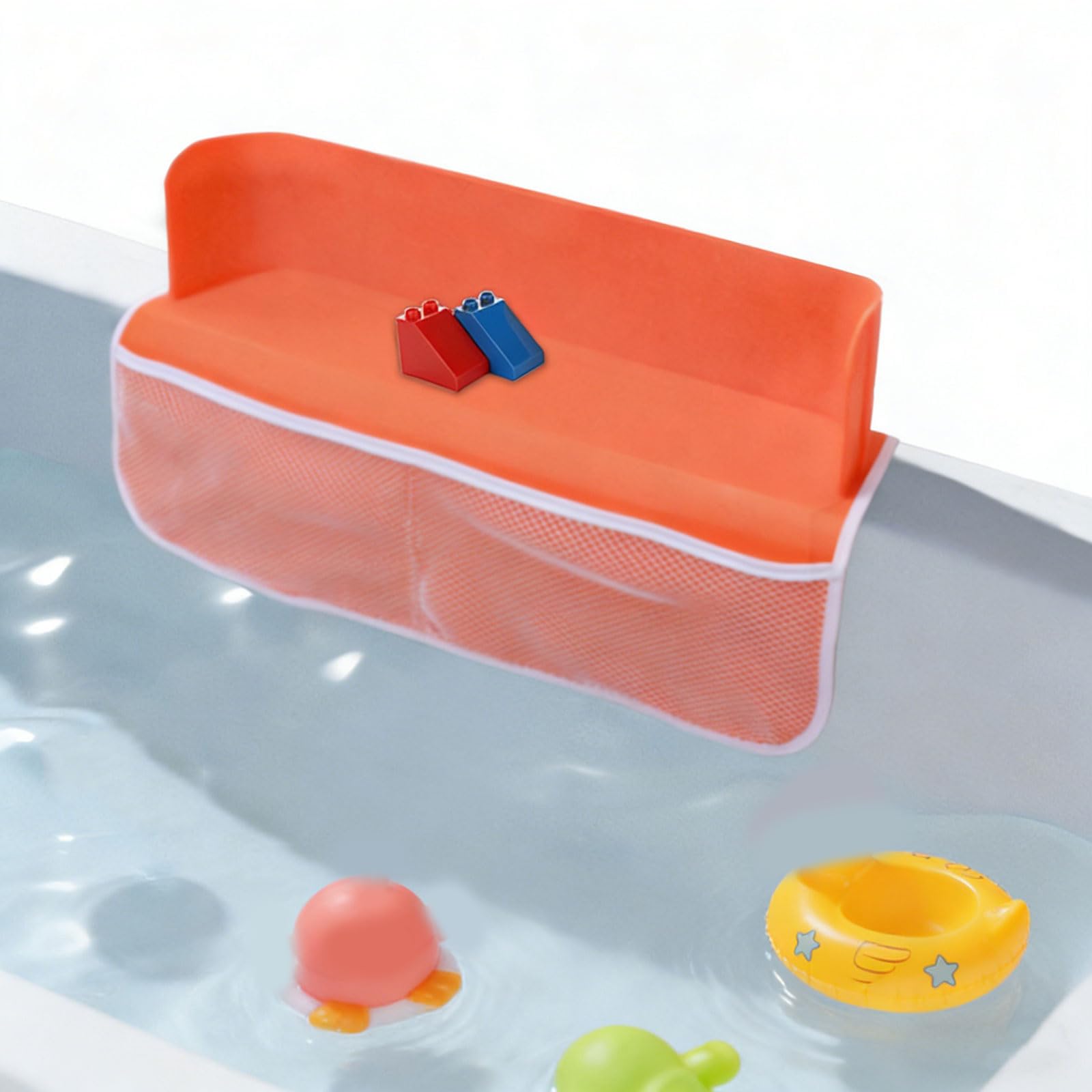 Divisorio per Vasca da Bagno a Prova fuoriuscite Paraspruzzi in Silicone con Tasca in Rete Portaoggetti per Giocattoli con Ventosa Blocco Acqua per Bagnetto per Bambini
