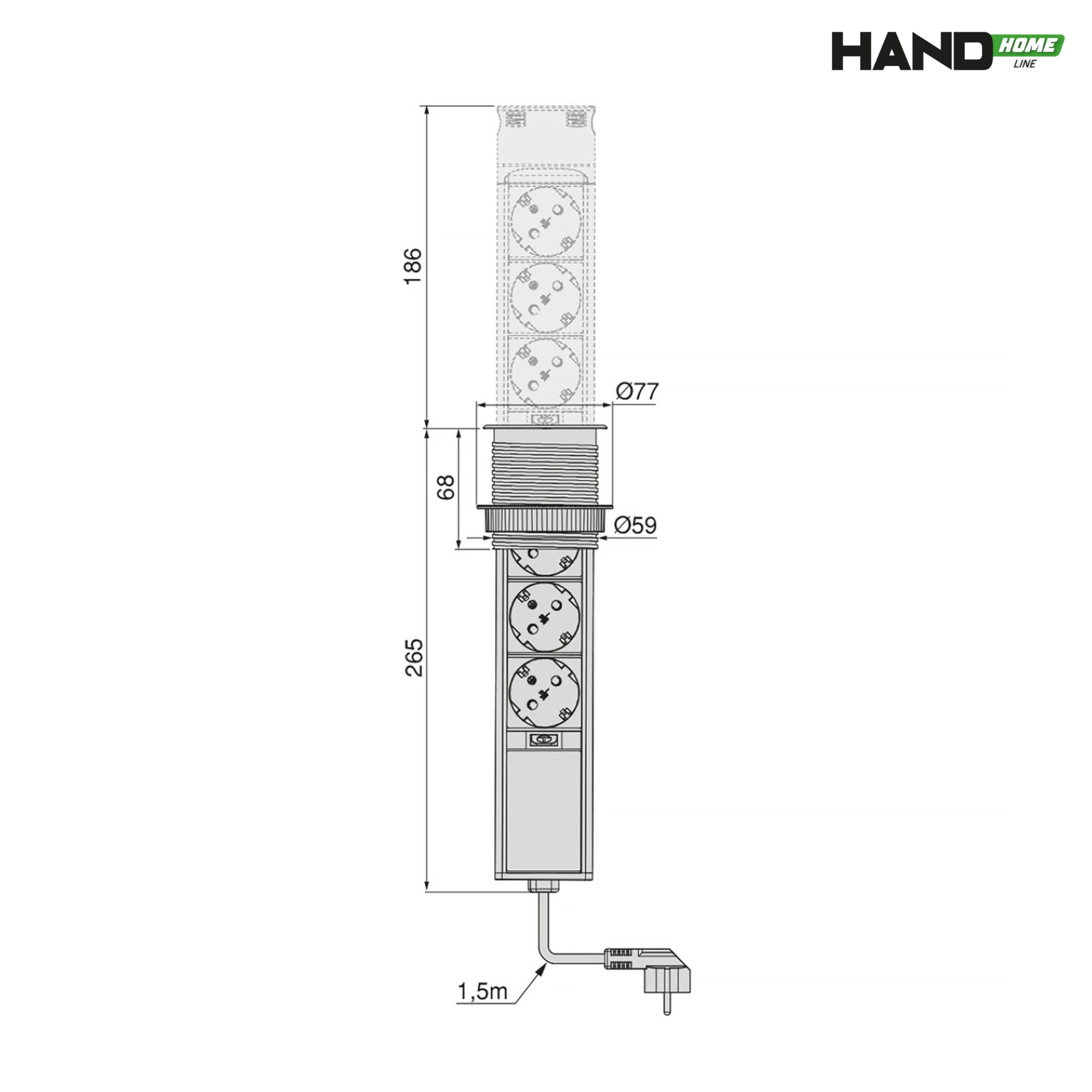 HAND HOME GMZ/S-5 - Enchufe empotrable con 3 enchufes Schuko y 2 USB A - 230 V, 16 A, IP20, enchufe para muebles para escritorio y encimera, color negro