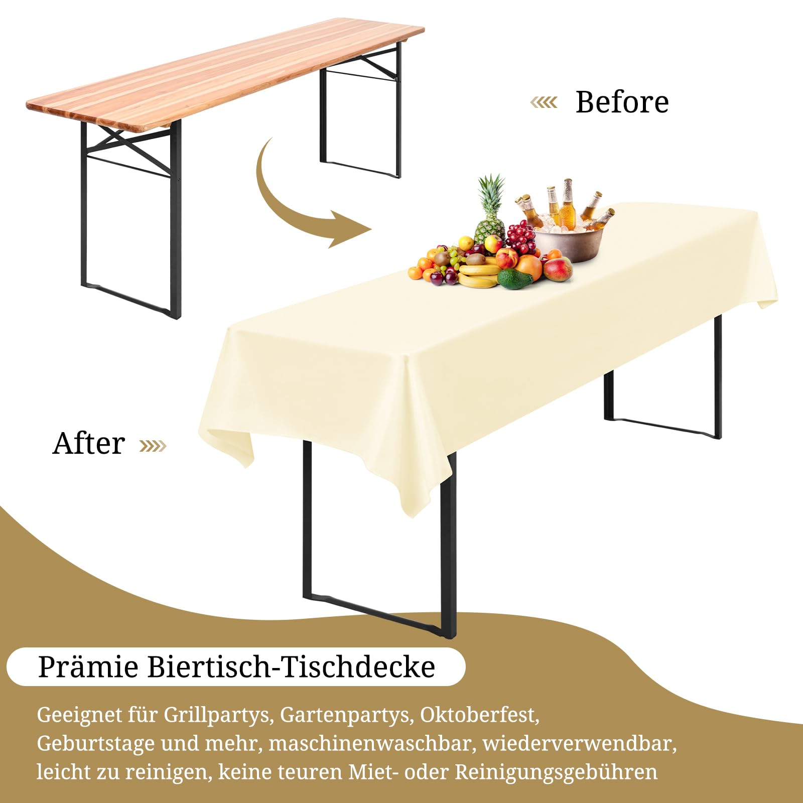 6 tovaglia da birra, 100 x 250 cm, impermeabile, in poliestere, beige, per tavoli da birra da 50 e 70 cm, tovaglia rettangolare per feste di nozze