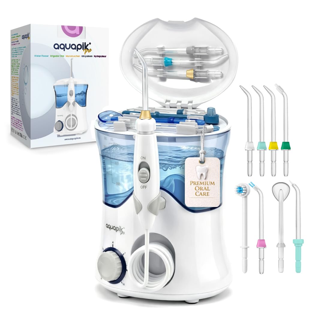 Aquapik PRO Idropulsore Dentale, Irrigatore Orale Getto Acqua Denti da Capacità 600ml con 10 Impostazioni, Pulizia Doccetta Idropulitore Dentale con 8 Becchucci per Cura Famiglia Dentale (Bianco)