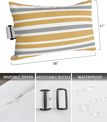 Miniatura 3 de Almohada reclinable para la cabeza para exteriores con relleno, amarillo oscuro, gris, blanco, a rayas, impermeable, con correa ajustable, tumbona,