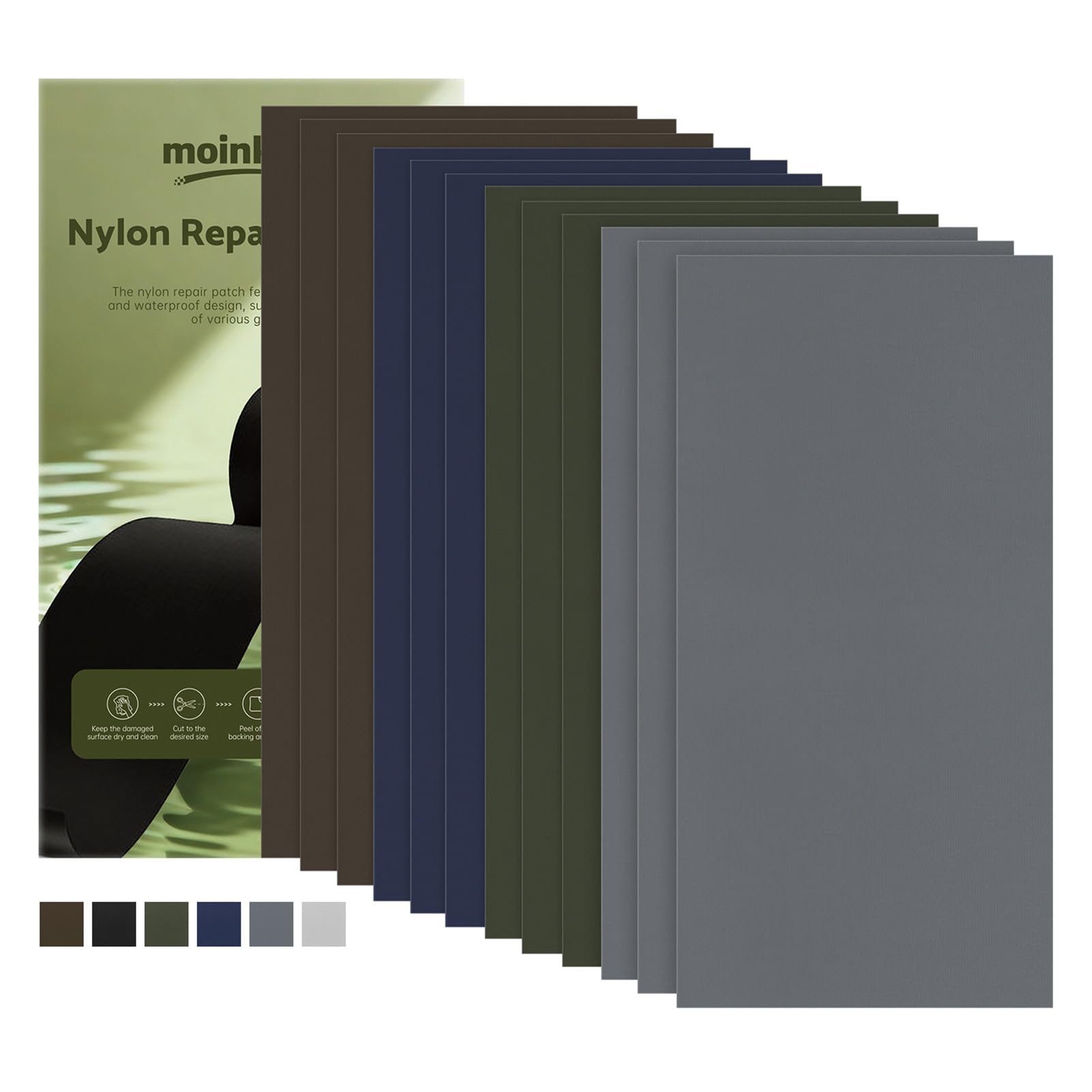 moinkerin Nylon Repair Patch Self Adhesive 12PCS 10x20cm | Waterproof Fabric Repair Tape for Tent, Down Jacket, Backpack, Sleeping Bag, Outdoor Camping Gear — image 1