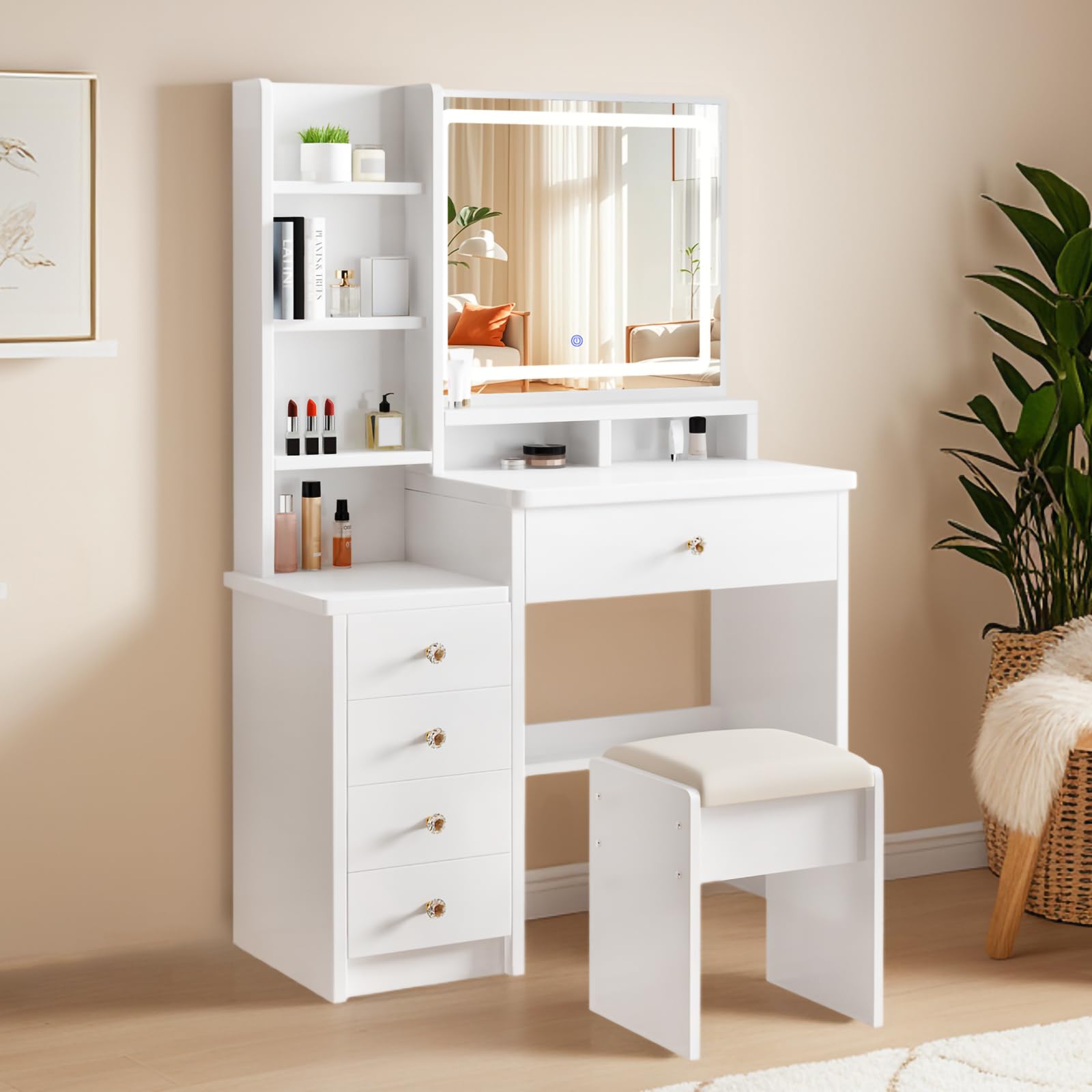 YuYe Tavolo da trucco con illuminazione LED, specchio con luminosità regolabile, tavolo da trucco con sedia, toeletta con 5 cassetti e 3 ripiani, moderno tavolo da trucco in legno bianco (154)