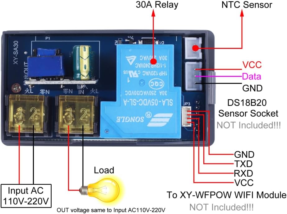Wiring diagram for MiOYOOW XY-SA30 showing input AC 110V-220V, load connection, 30A relay, NTC sensor, and optional DS18B20 sensor socket.
