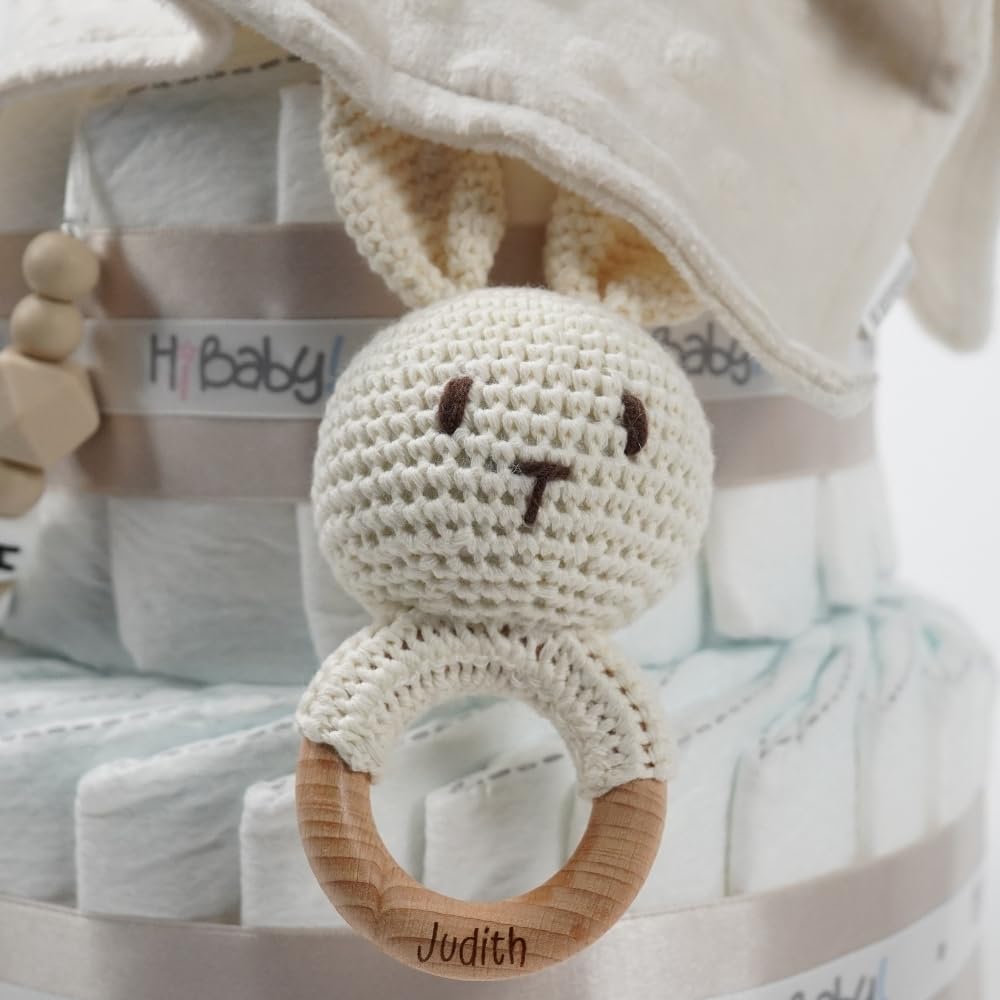 Tarta de pañales personalizada para bebé Baby Rattle, Regalo Original para Baby Shower, Recién Nacido, Bautizo, Pañales dodot Sensitive, Pastel de pañales (Beige)