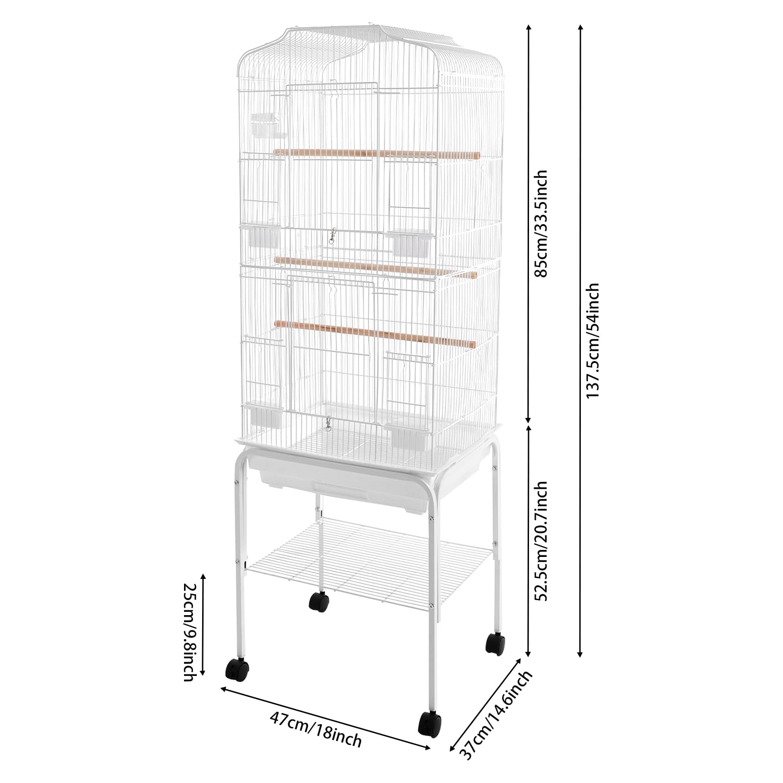 Jaula grande para loros y periquitos, estable de metal con 4 ruedas universales, bandeja inferior extraíble, compartimento de almacenamiento, para balcones, salón y cría de aves
