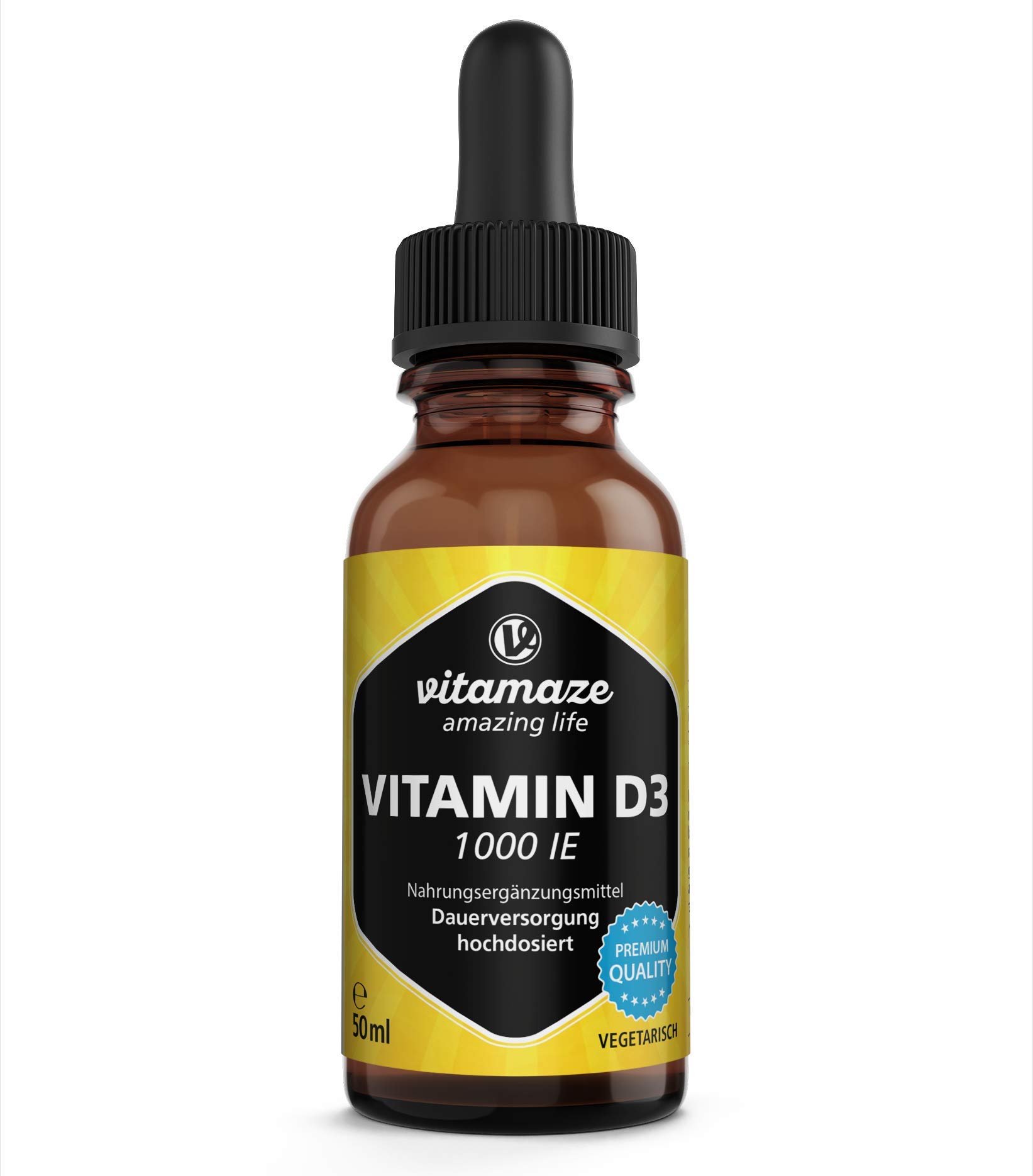 Vitamin D3 Tropfen hochdosiert – 1000 IE pro Tropfen, 50 ml (ca. 1700 Tropfen), vegetarisch, MCT-Öl, Made in Germany
