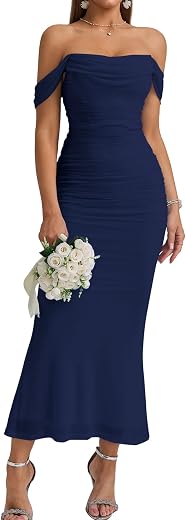 KUTUMAI Off Shoulder Ruffle Bodycon Formal Wedding Guest Maxi Dress