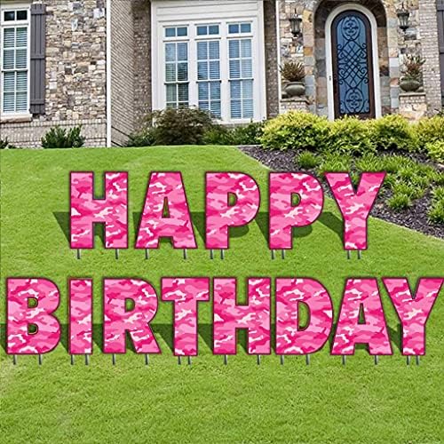 VictoryStore Lawn Decorations: Happy Birthday Camouflage Yard Letters, PINK CAMO with 26 short stakes
