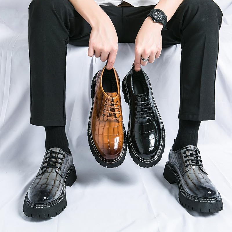 Men's Patent Leather Platform Loafers Luxury Alligator Printed Round Toe Lug Sole Lace-up Dress Shoes for Business Party Wedding Prom2