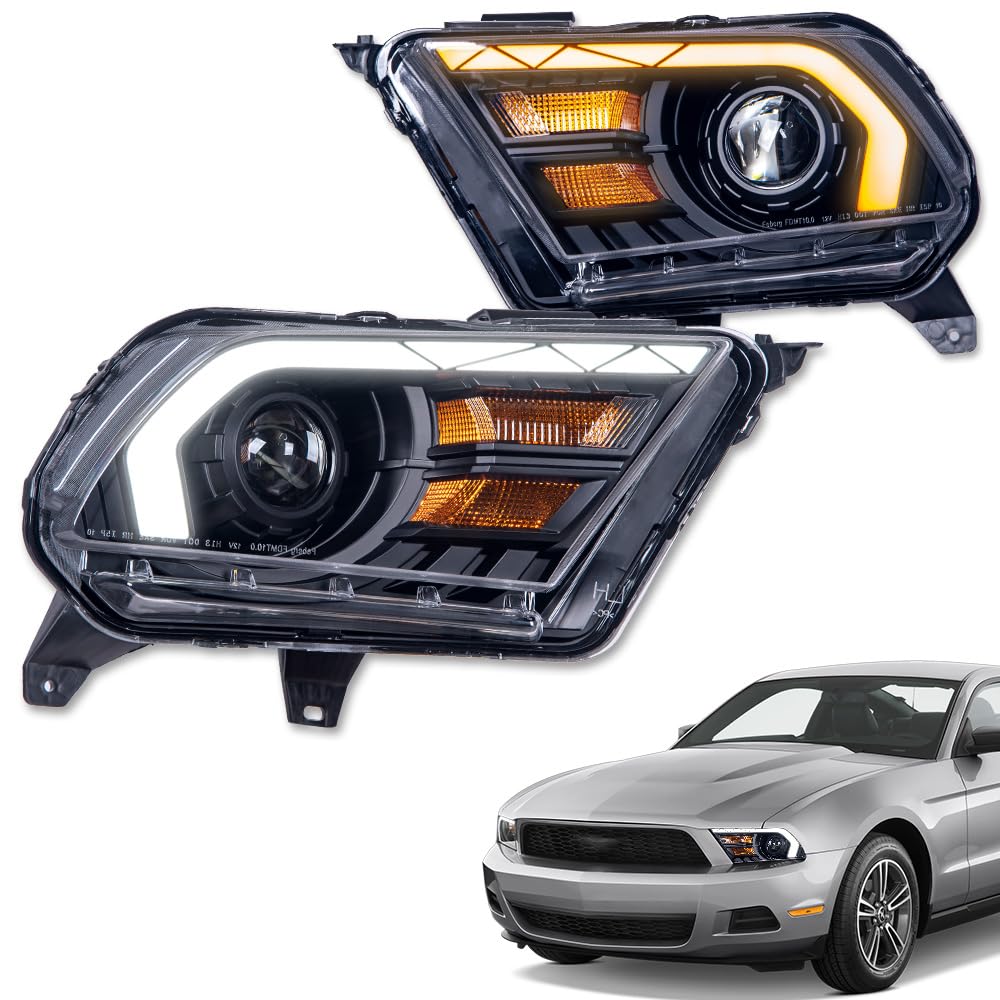 7422445398383 Compatible With 2010-2014 Ford Mustang Switchback Sequential LED Strip Bar Black Housing Projector LED Headlights With Amber Reflector