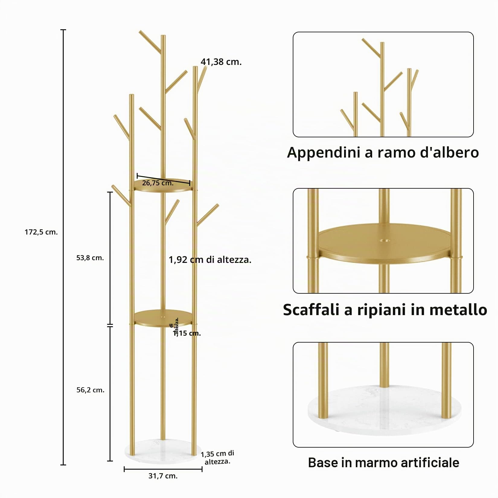 unho Stand Appendiabiti Attaccapanni da Terra: Oro Appendiabiti da ingresso con 3 Ripiani Moderno Appendi abiti Elegante in Metallo e Marmo Base 172,5x32cm