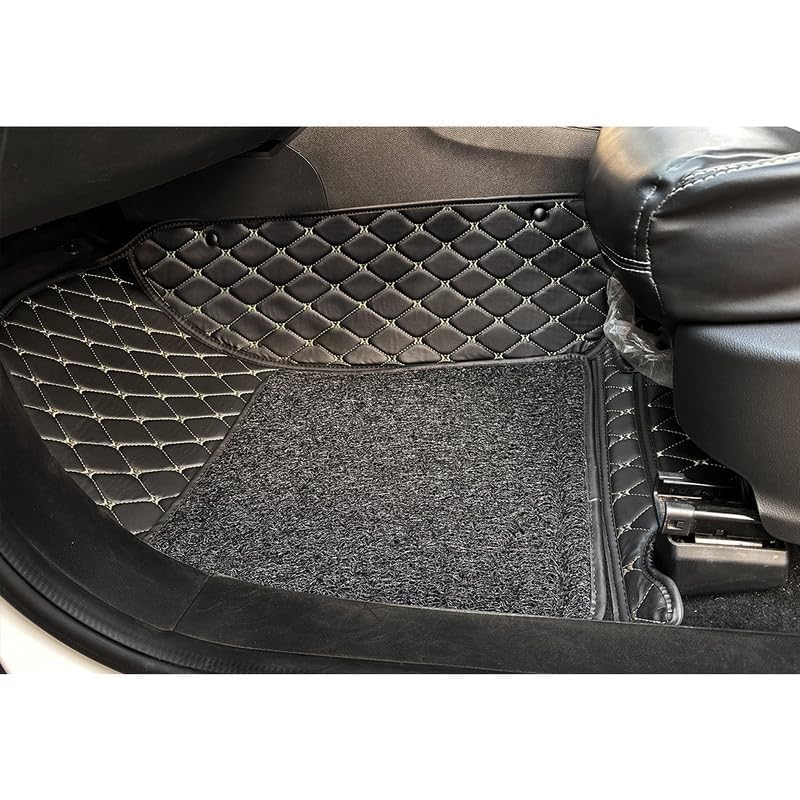 Image of NCEHEAL 7D Compatible with Volkswagen Virtus Custom Fitted Faux Leather 7D Antiskid Car Floor Mats - Black with Silver Thread