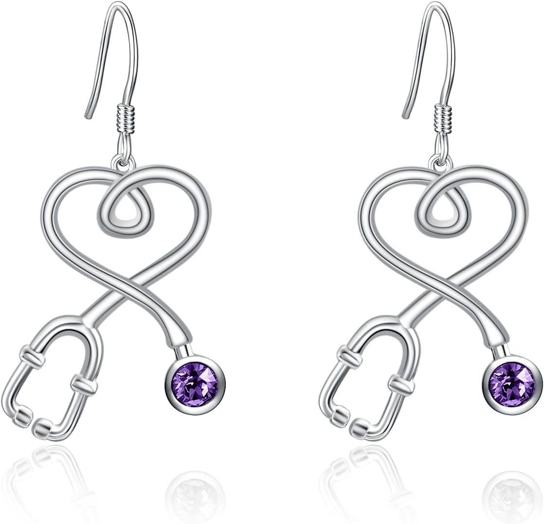 Christmas Nurse Gifts 925 Sterling Silver Nurse Earrings Fish Hook Stethoscope Dangle Drop Earrings with Birthstone Crystal from Austria Gift for Doctor Nurse RN Medical Student