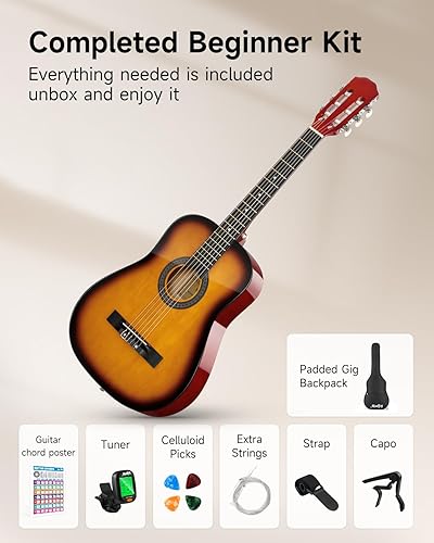 Miniatura 4 de Moukey Guitarra acústica de 38 pulgadas para principiantes niños adultos adolescentes guitarra acústica con póster de acordes bolsa de concierto