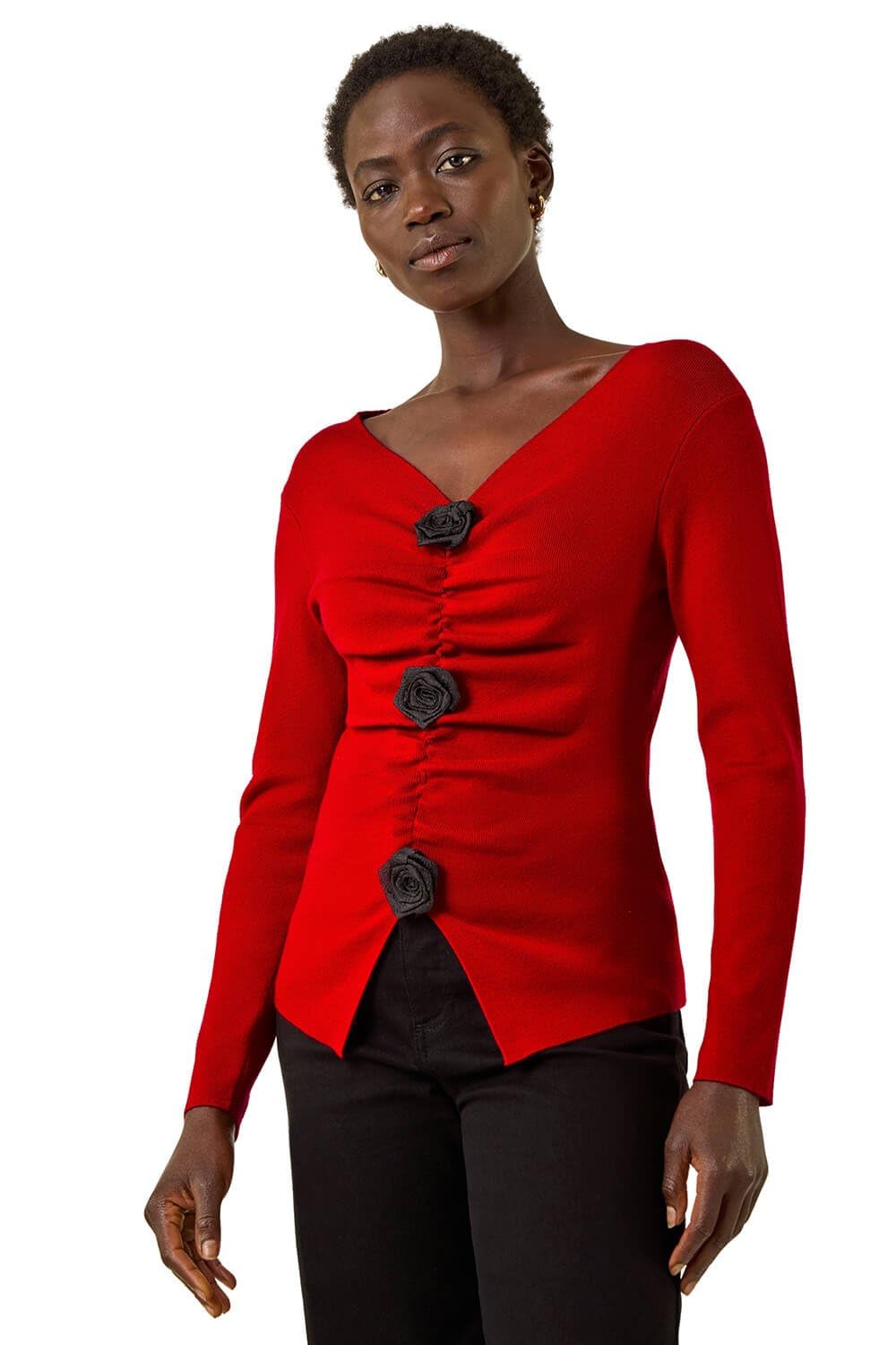 Roman Originals Women's Red Rose Front Knit Top For Uk - Everyday Autumn Winter V-Neckline Comfy Soft Evening Vacation Work Party Night Out - Size 14