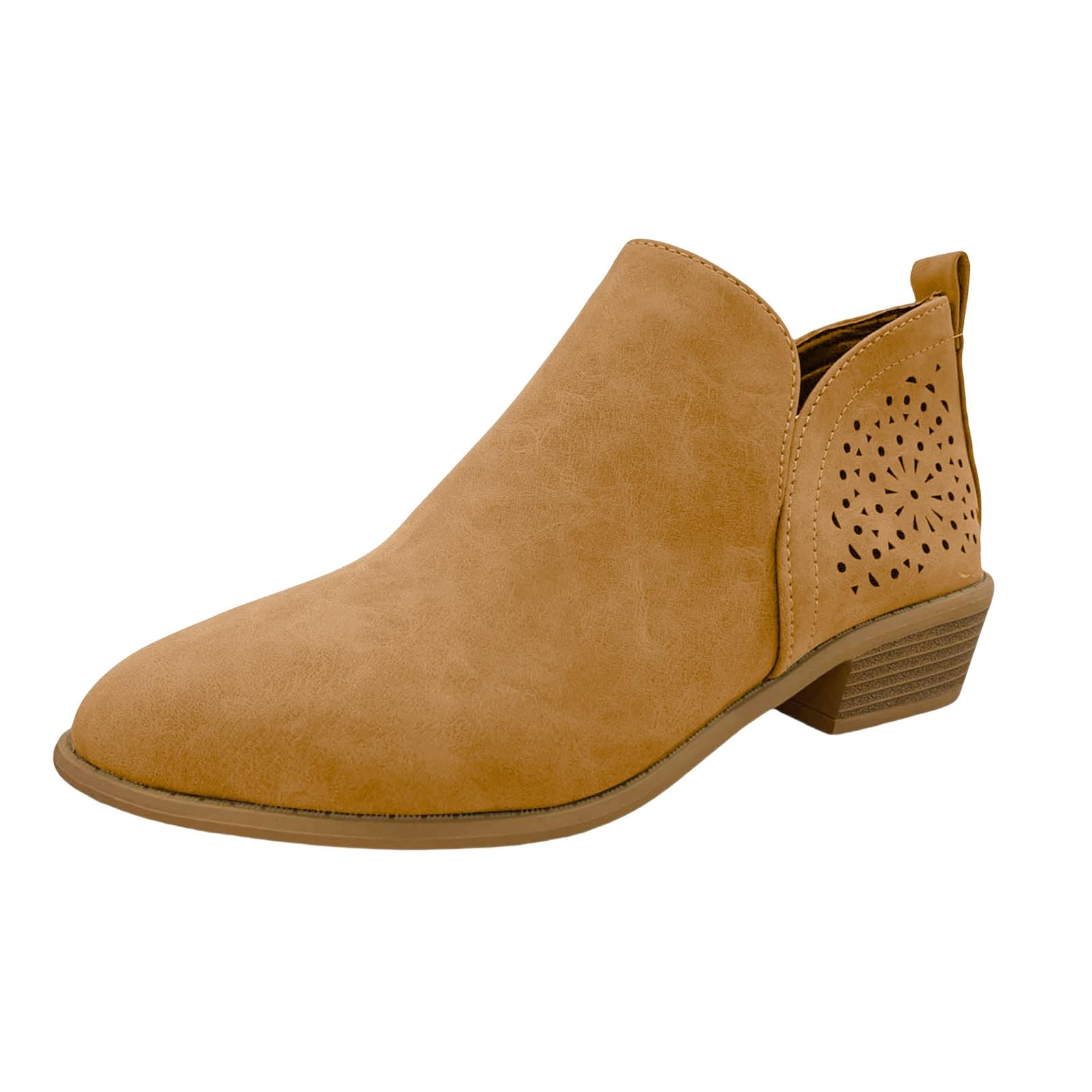 Ankle Boots for Women Casual Cut Out Slip On Low Heel Short Chunky Stacked Heel Perforated Side V