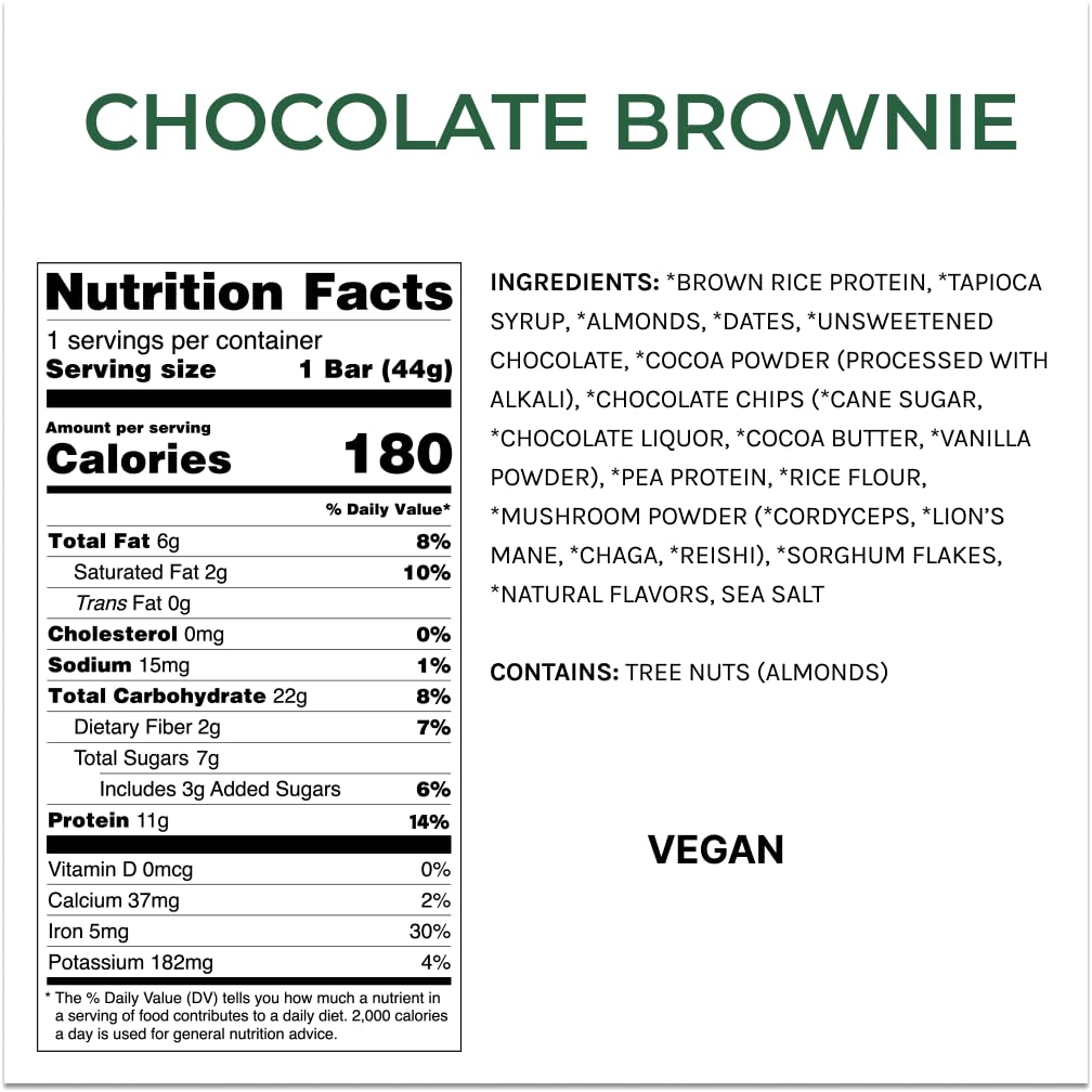Functional Mushroom Vegan Protein Bars | Made in USA | Full Dose Lions Mane, Shitake, Reishi & Maitake Bars | Plant Protein Bars w/Adaptogens & Superfoods | Chocolate Brownie Flavor