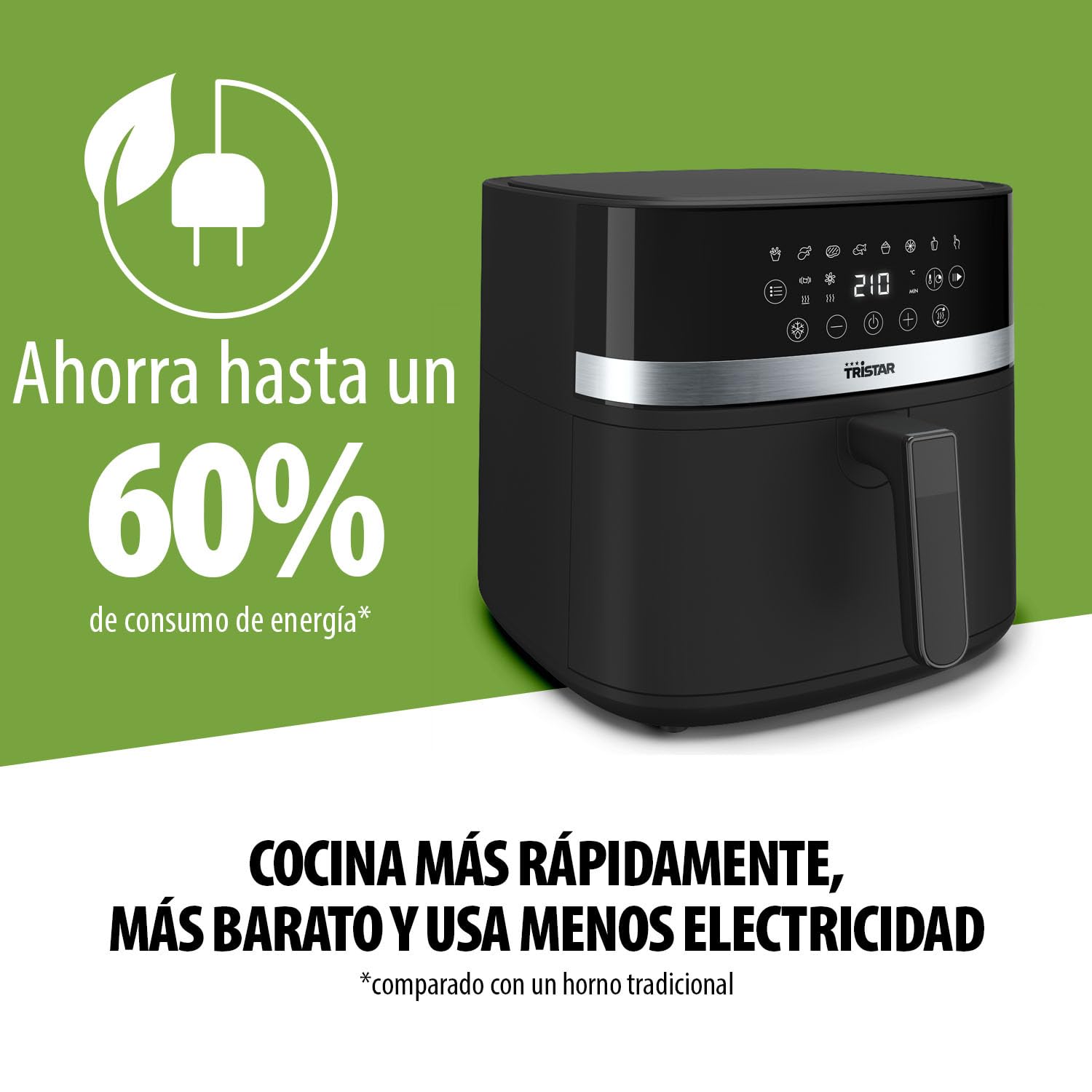 Tristar Freidora de Aire Digital, 8L Capacidad, 2000W, Pantalla LED Táctil, 7 Programas + Manual, Función Precalentar y Mantener Caliente, Aviso de Agitación, Recubrimiento Antiadherente, FR-9418