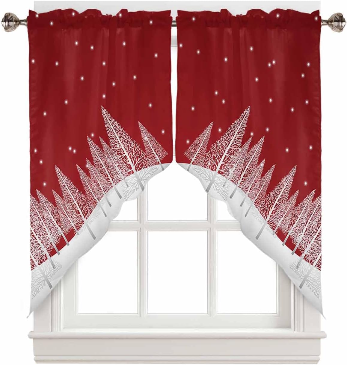 Red Christmas Swag Curtain Xmas Tree Forest Swag Valance Curtain for Kitchen Window