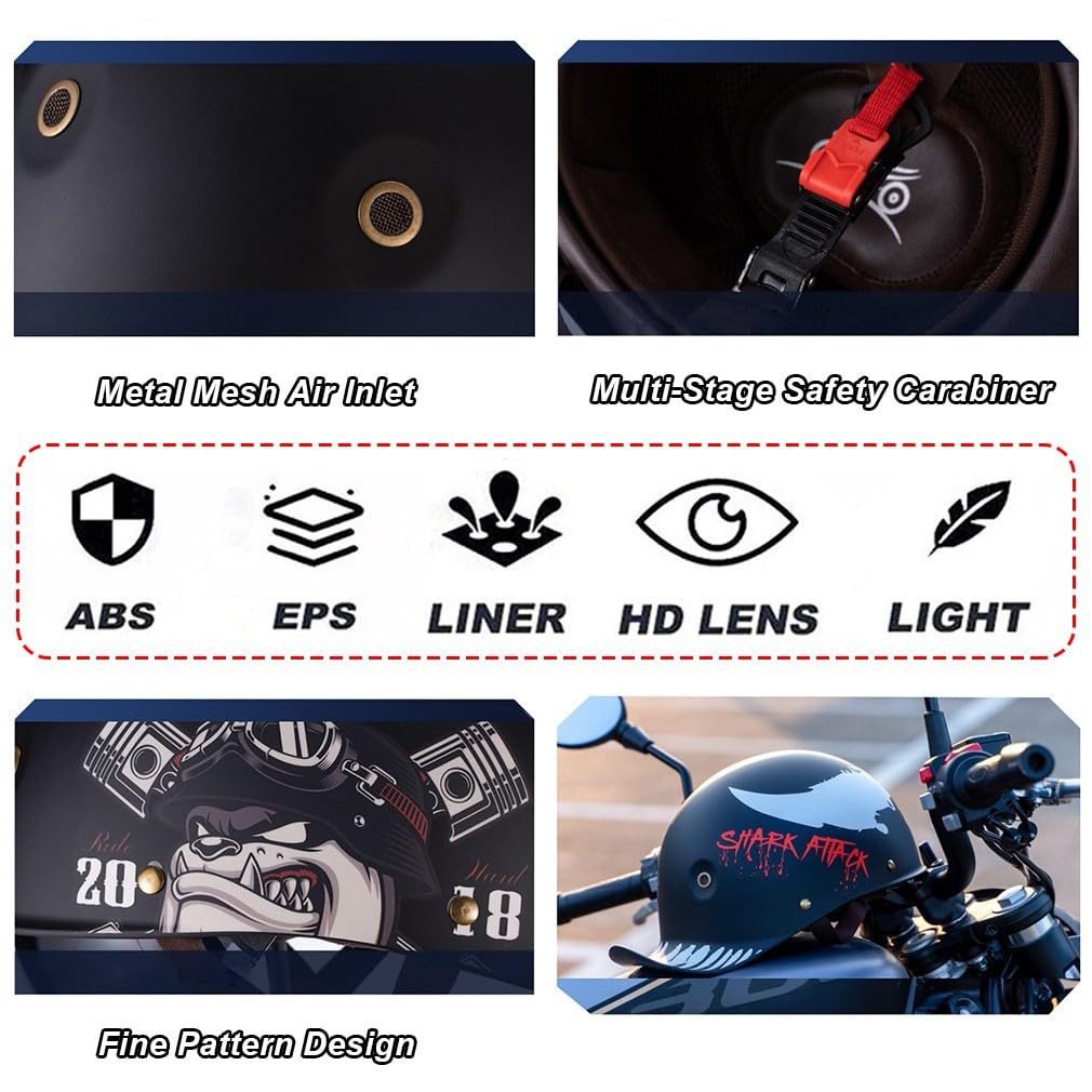 Motorrad Halbhelm Halbschalenhelm Mit Maske Und Brille Geliefert ECE-Zulassung Motorradhelm Mit Schrumpfbare Innengläser LüFtungsloch Schnellverschluss M-XL 57-62CM