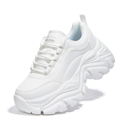 LUCKY STEP Tênis Chunky Feminino Plataforma Couro Branco Casual Confortável Tênis de Caminhada Esportivo