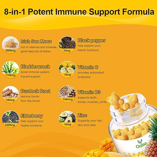 Miniatura 3 de Gomitas orgánicas de musgo marino para adultos y niños, 2000 mg de Seamoss crudo, vejiga, raíz de bardana, saúco, pimienta, vitamina C y D3, zinc