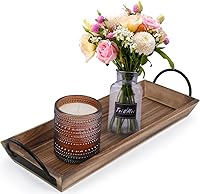 Vista 1 de Bandeja de velas rectangular de madera con asas de metal negro, portavelas de madera rústica para exhibir velas, centros de mesa para mesa
