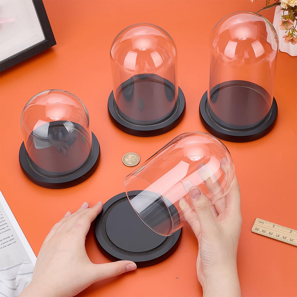 PH PandaHall 4 pièces Cloche en Verre Dôme avec Base en Bois, 4 Tailles Vitrine en Verre Clair Ronde Dôme de Présentation Décoratif Cloche pour Plantes Guirlandes Lumineuses Photos Succulentes