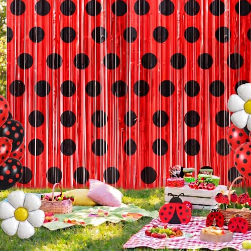 Image of Tiamon 2 Pack Ladybug Party Decorations 3.3 x 6.6 Ft Foil Fringe Curtains Backdrop Black and Red Polka Dots Tinsel Streamers Photo Booth for Baby Shower Birthday Party Supplies