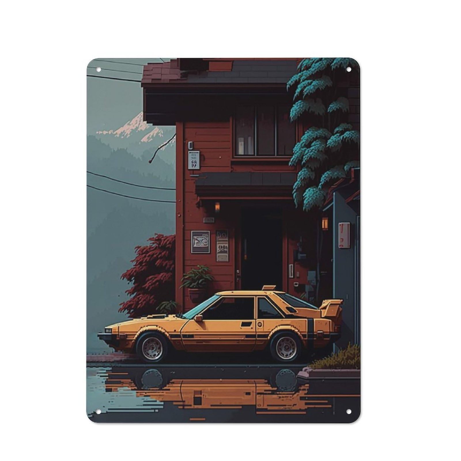 Junmoney Style-10 Metal Plaque 40X30cm With 70S Car Pixelated For Hallway Wall, Rustic Decor, A Metal Wall Feature For Hallways And Entrance Areas