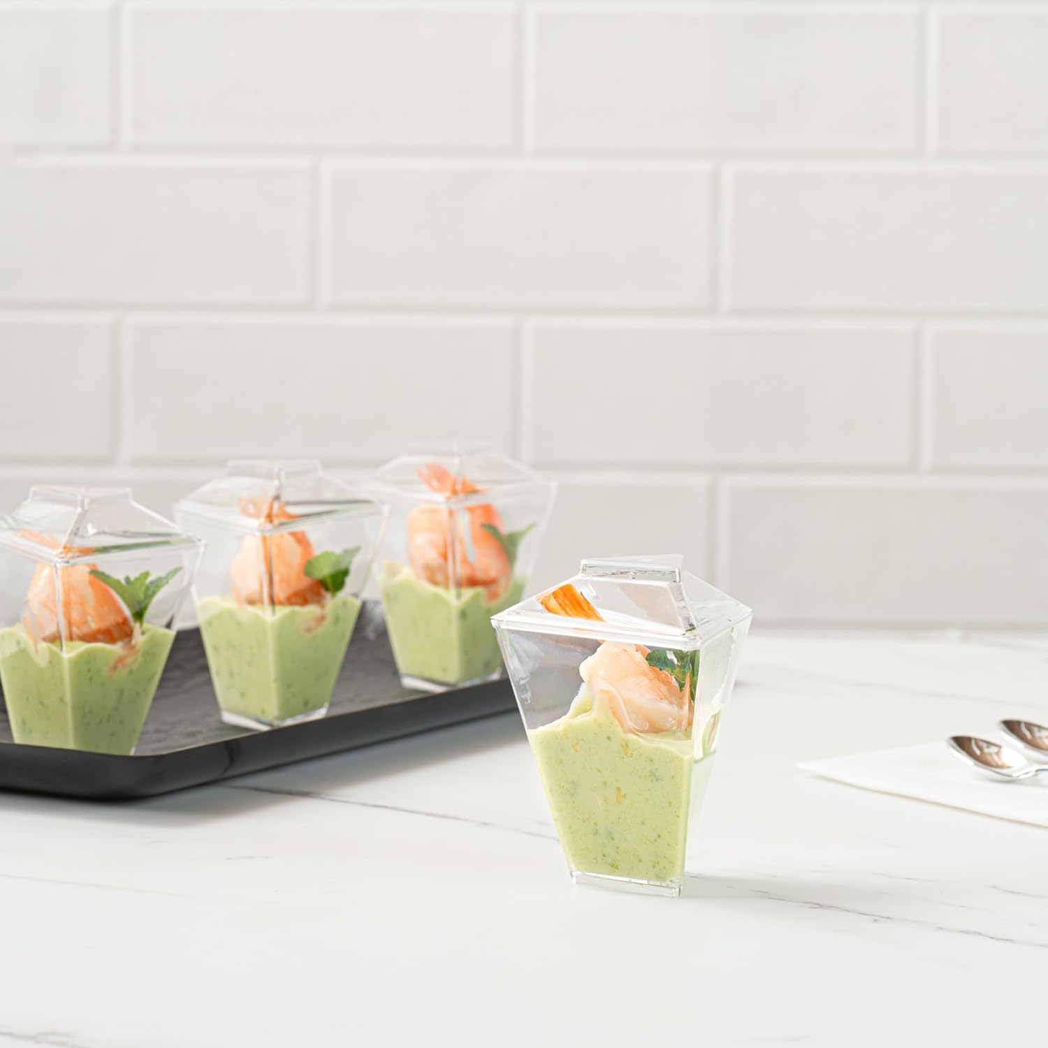 Restaurantware-Mini Serve 2 Ounce Tasting Cups, 100 Triangular Mini Dessert Cups - Disposable, Stylish, Clear Plastic Parfait Cup, Serve Appetizers, Samples, Or Desserts, For Buffet Events