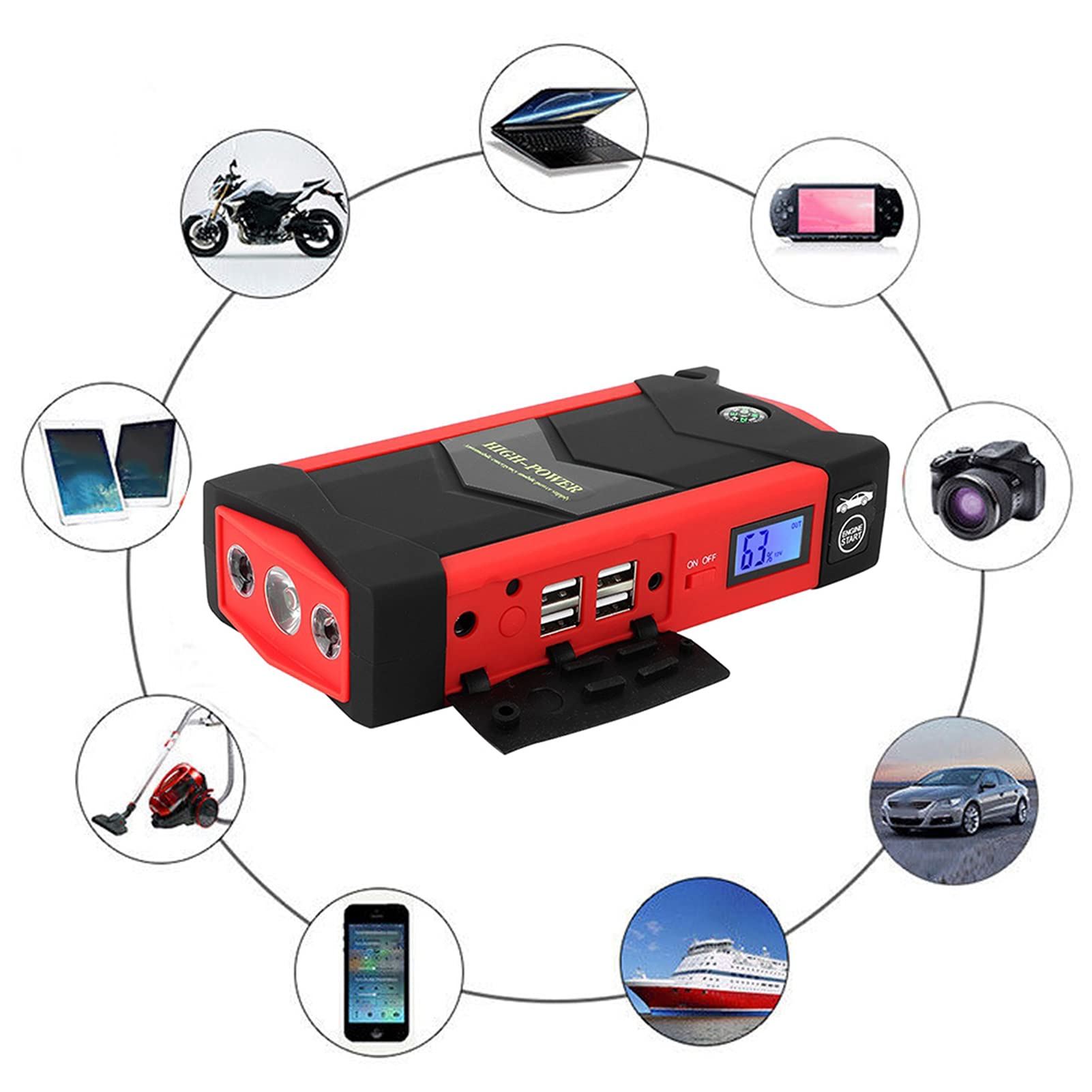 Urządzenie do uruchamiania awaryjnego, 2600A 12V skrzynka do uruchamiania awaryjnego samochodu zestaw wspomagający akumulator przenośna ładowarka powerbank kable rozruchowe adapter do papierosów(EU)