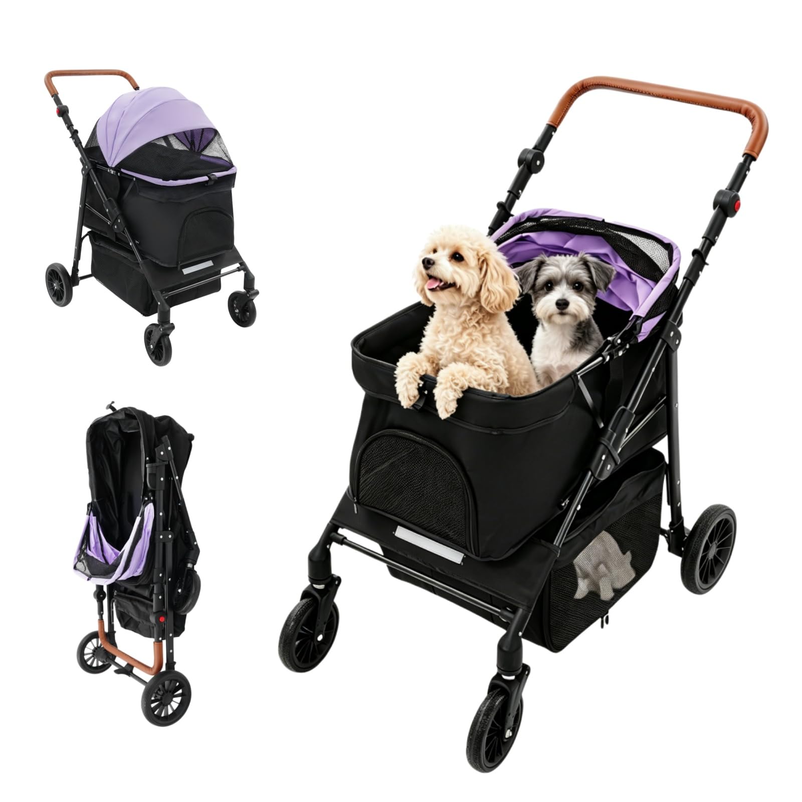 Carrello per cani 2 in 1, pieghevole con due scomparti separati, passeggino per animali domestici fino a 15 kg, con manico regolabile, per cani di piccola taglia e gatti (nero + viola)