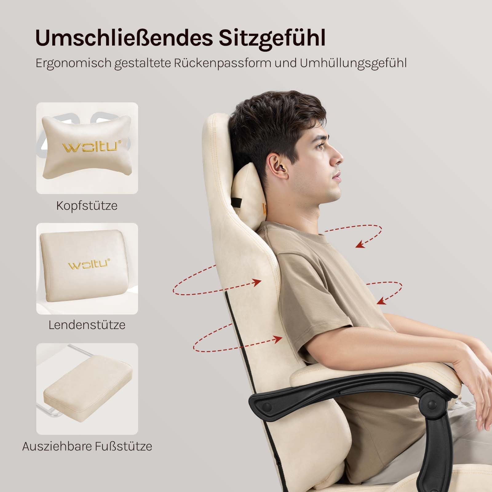 WOLTU Gaming Stuhl ergonomisch, mit Verstellbarer Rückenlehne, Bürostuhl drehbar mit Armlehenen, Fußstütze, Lendenstütze, Kopfstütze,Beige