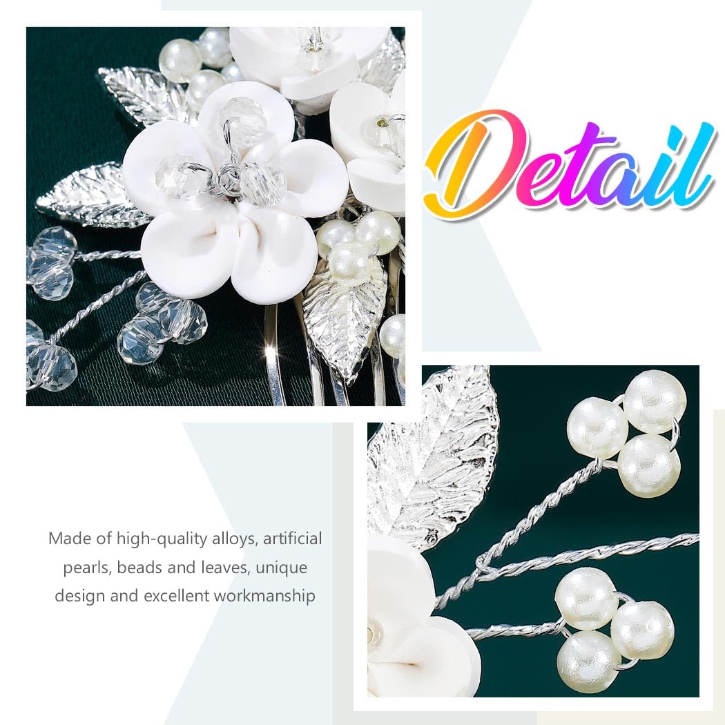 Flower Wedding Hair Comb Silver Leaf Hair Piece Pearl Bridal Hair Accessories for Women and Girls (Silver) - Image 5