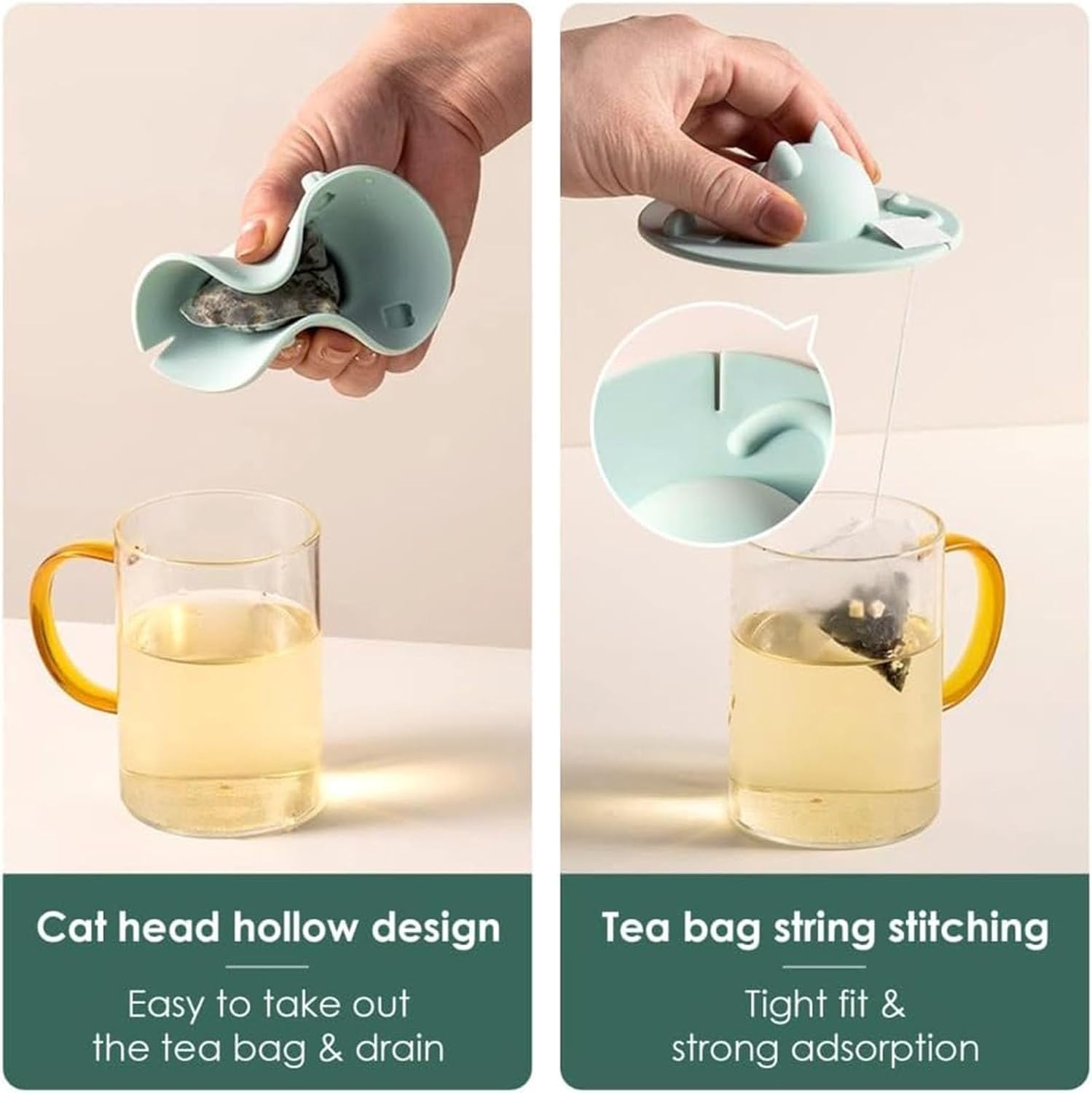 Silikon-Teebeutelhalter für Tasse, Katzen-Design, Teebeutelhalter, Deckel und Presse, wärmespeichernd, Deckel für Kaffee, Milch, Tee (4, Grün)