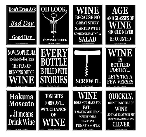 Set of 12 Black and White Funny Wine Bottle Labels - 5 Inch X 4 Inch