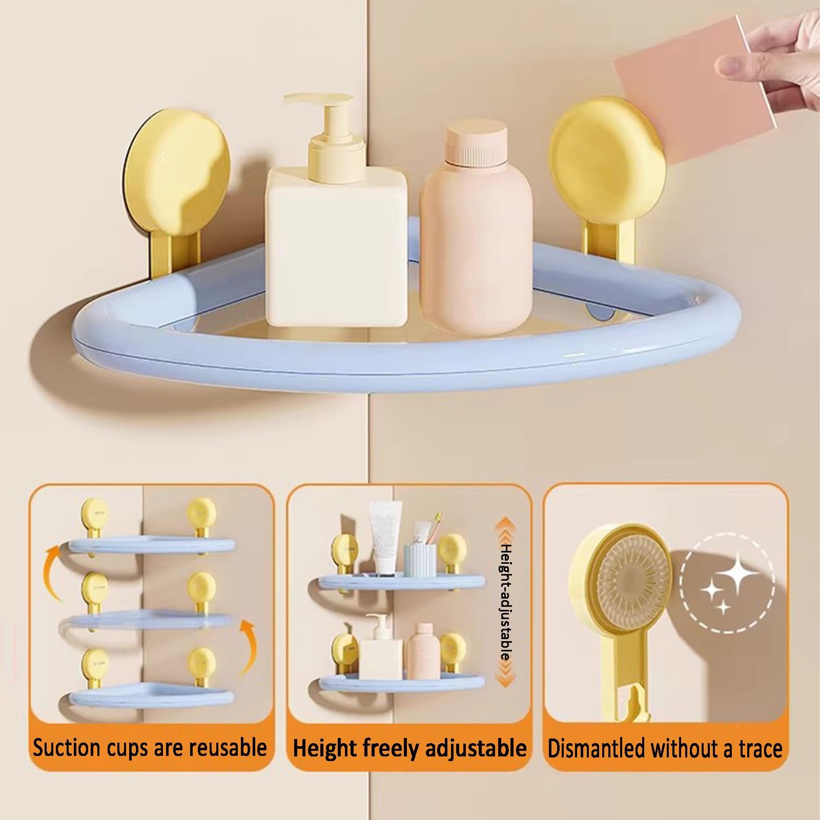 Estante Ducha Esquina Rinconera, Estante Ducha Sin Taladrar, Organizador Baño Acero Inoxidable, Para Ducha, Cocina, Baño(Yellow,33 * 25 * 2)