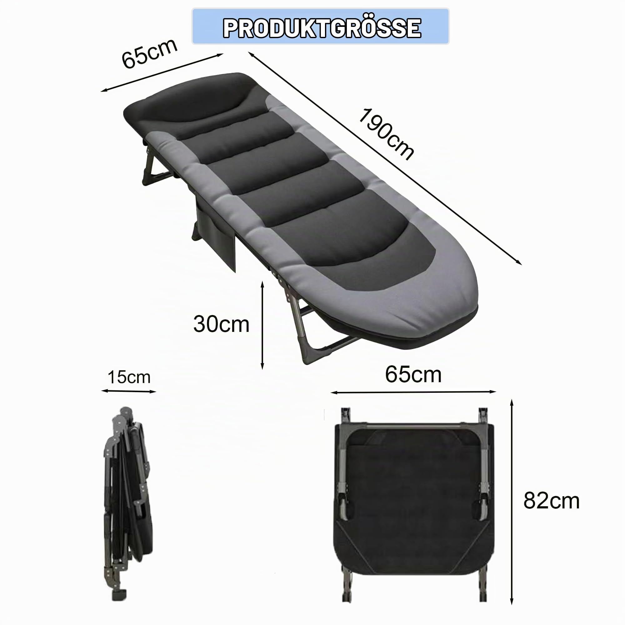 Feldbett Klappbar XXL, Campingbett & Campingliege mit 6-Fach Verstellbarer Rückenlehne, Klappbett mit Matratze, Karpfenliege, 190x65x30 cm, bis 200 kg, Gästebett für Garten, Indoor (schwarz)