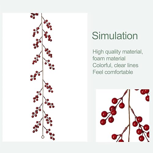 Miniatura 6 de 2 guirnaldas de bayas rojas artificiales de 5.7 pies, decoraciones de Navidad, bayas de acebo, vid para Navidad, invierno, vacaciones, chimenea,