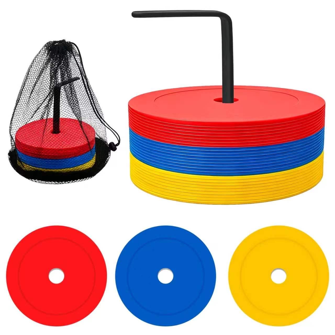 27 Pièces Disques de Marquage, Plots Sport, Coupelle Football Entraînement avec Support et Sac en Filet pour Hockey, Patinage, Football, Handball, Clubs et Entraîneurs (Rouge Jaune Bleu)