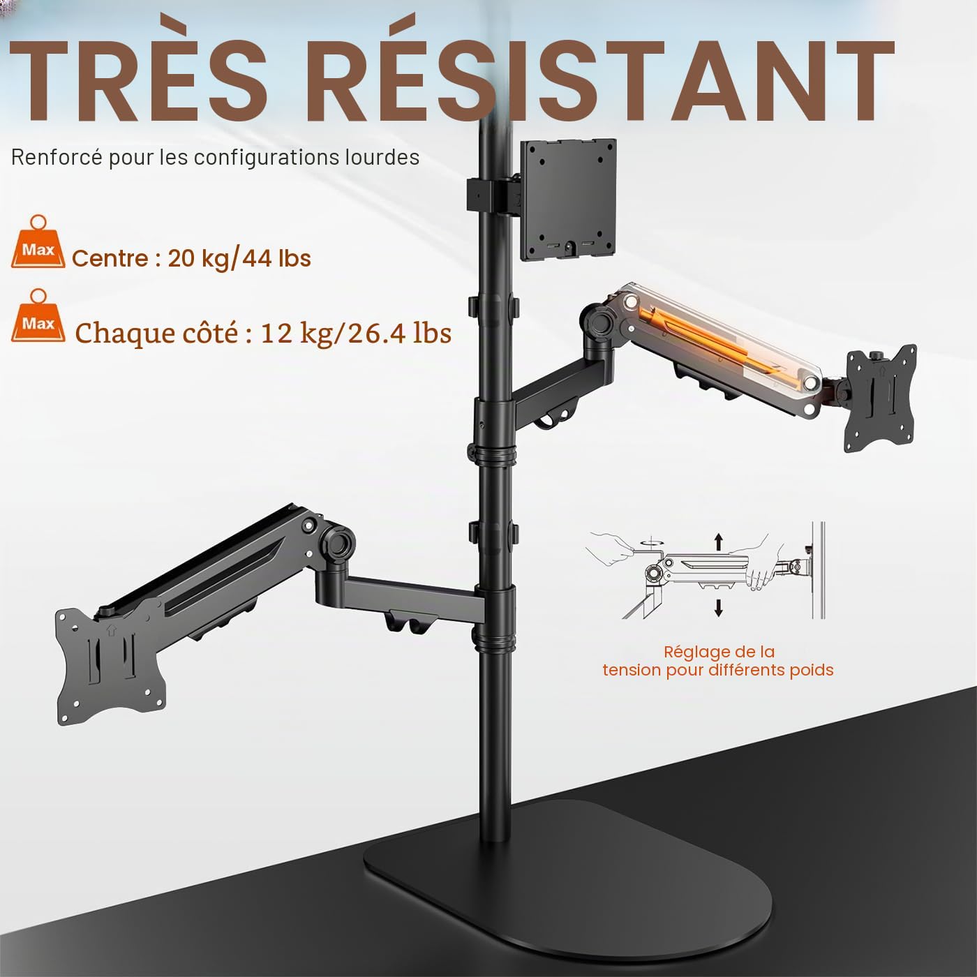 Support Ecran PC 3 Ecran pour Moniteurs 1 Fixe 49" et 2 Ressort Gaz 35"