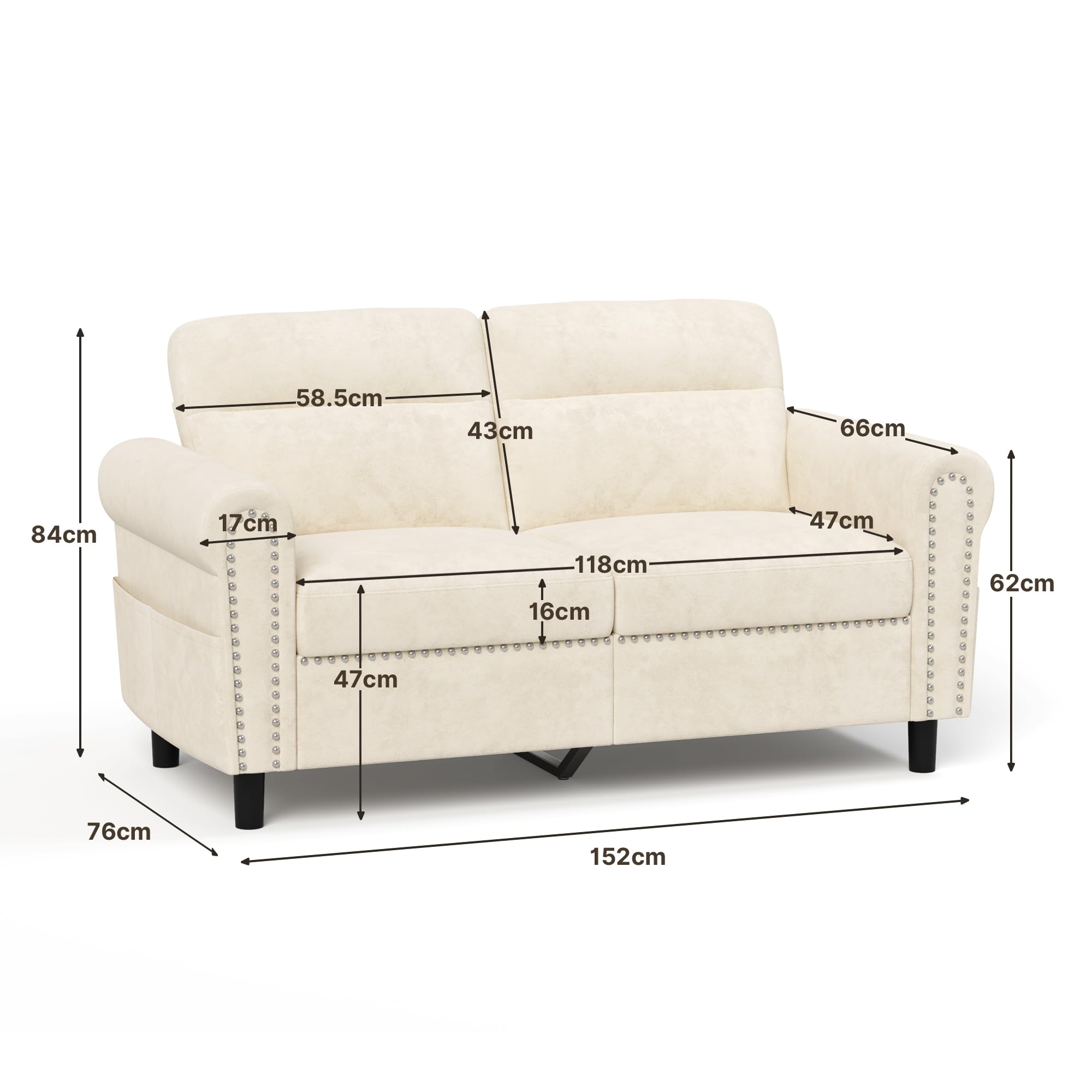 Sofá de 2 Plazas, Loveseat con Bolsillo Lateral, Sofá de Dos Plazas con Cojines Extraíbles para Salón, Dormitorio, Oficina, 152 x 76 x 84 cm (Beige)
