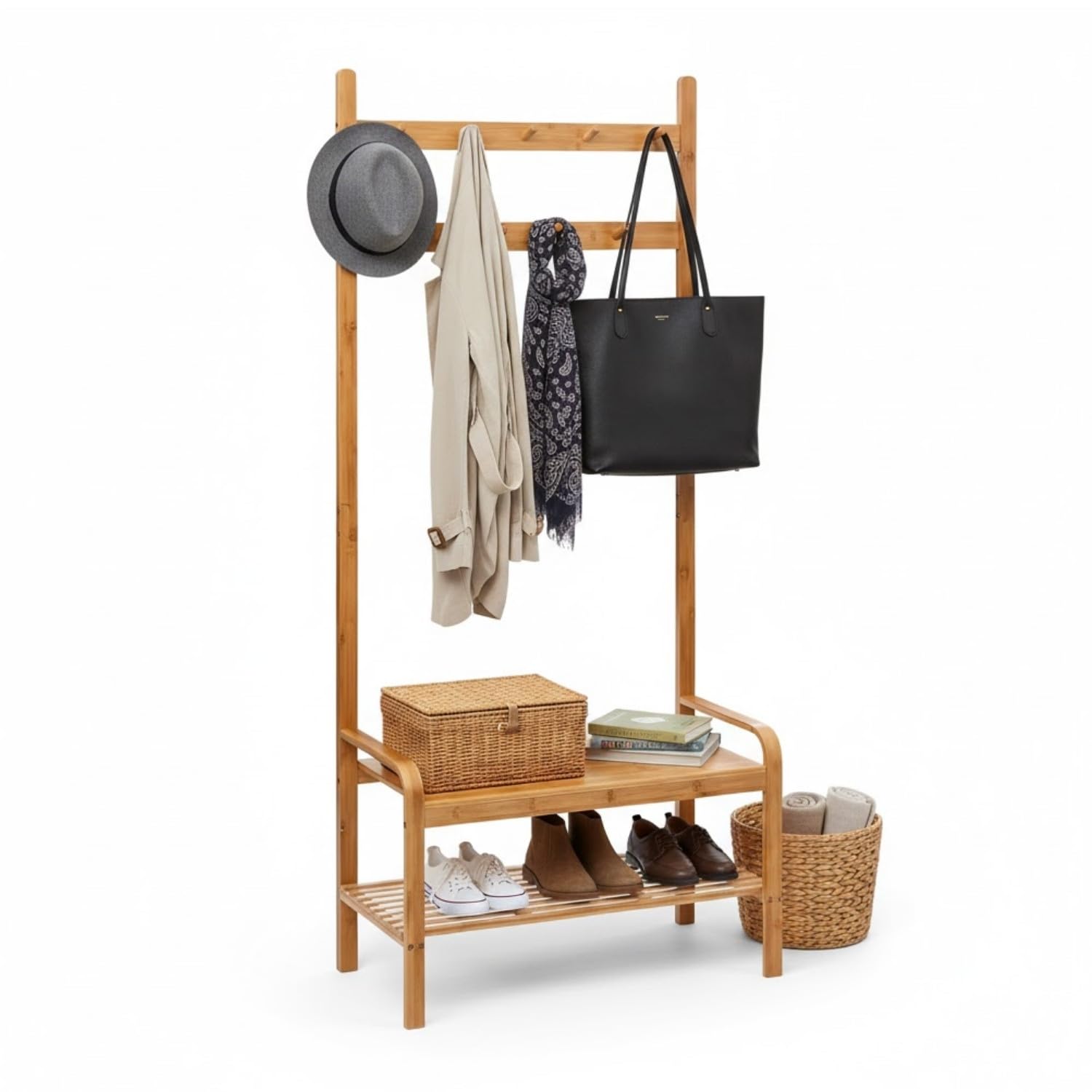 THINIA HOME - Perchero de Pie de Bambú Natural con Banco Zapatero y Ganchos de Madera, Organizador de Entrada, Dormitorio o Recibidor, Estilo Nórdico, 73.5x34.5x170 cm